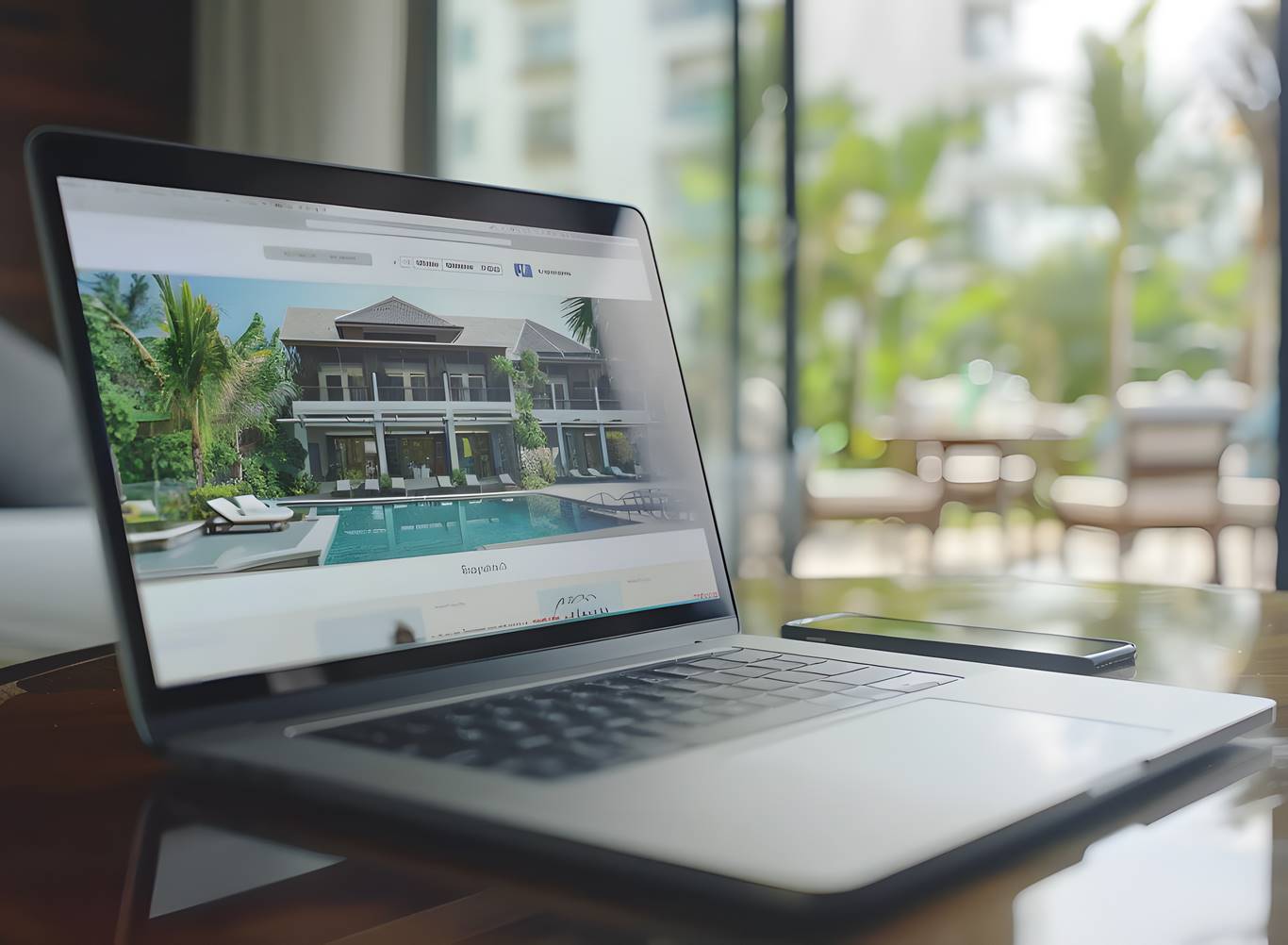 Laptop computer screen showing online hotel or resort booking reservation service for vacation and trip stay planner with price and user interface information datum